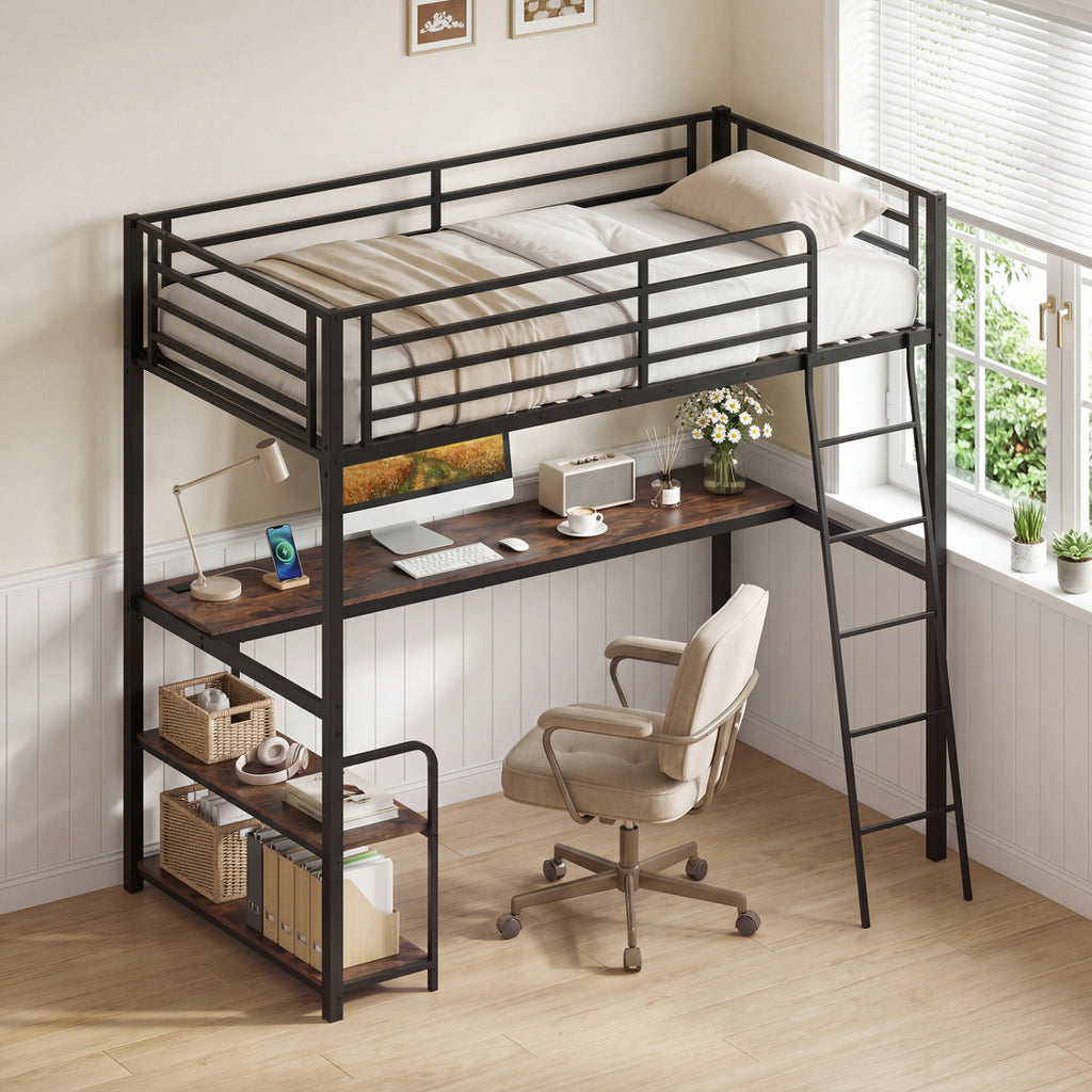 Twin Loft Bed with Desk and Shelves - Rustic Brown