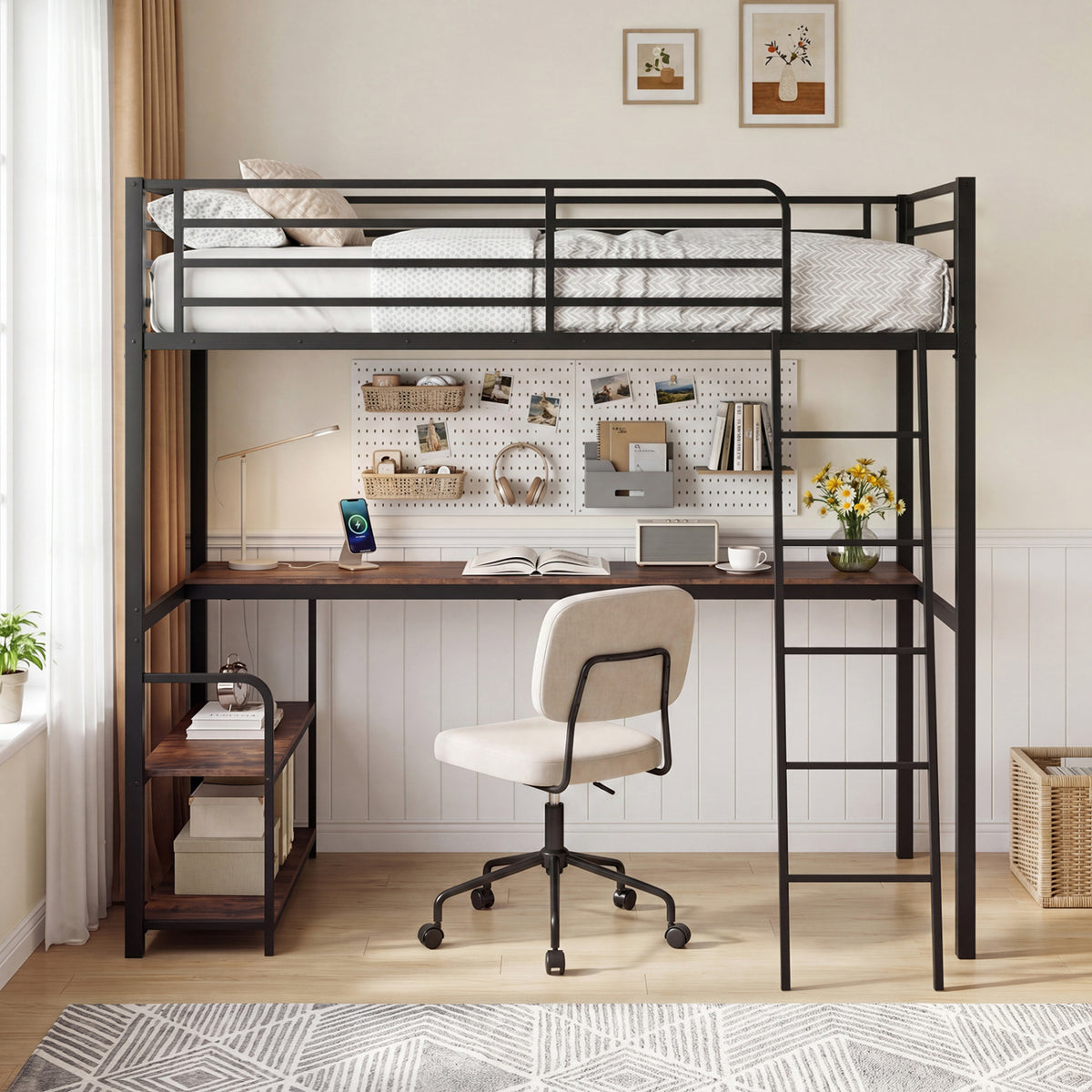 Twin Loft Bed with Desk and Shelves - Rustic Brown