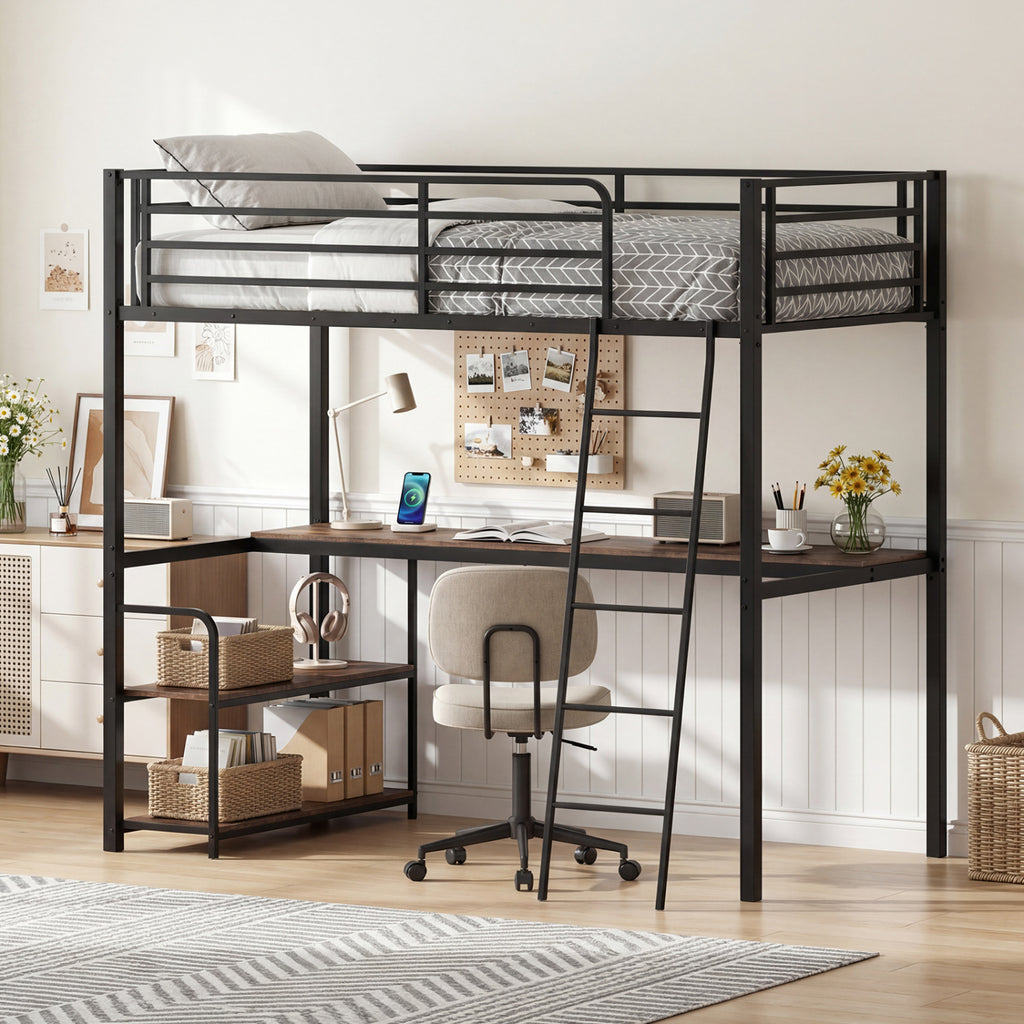 Twin Loft Bed with Desk and Shelves - Rustic Brown