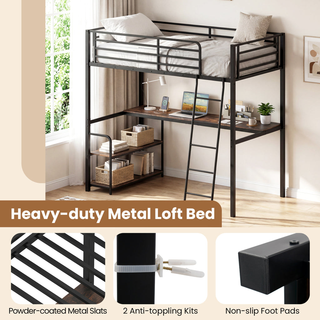 Twin Loft Bed with Desk and Shelves - Rustic Brown