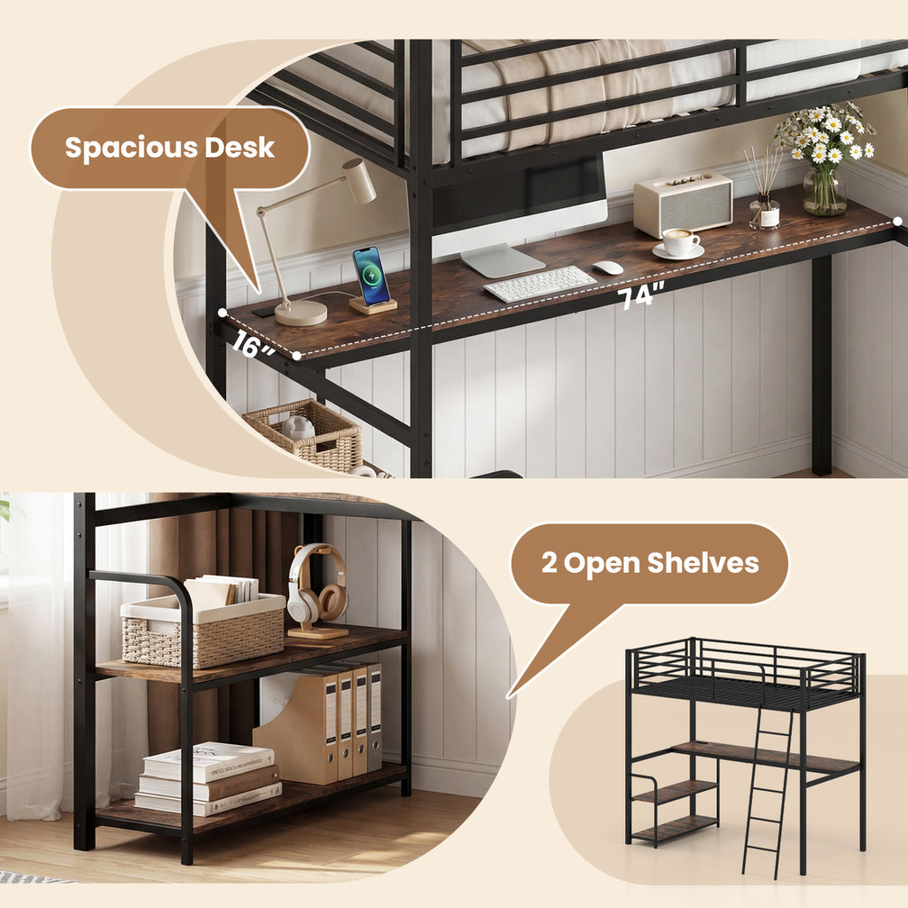 Twin Loft Bed with Desk and Shelves - Rustic Brown