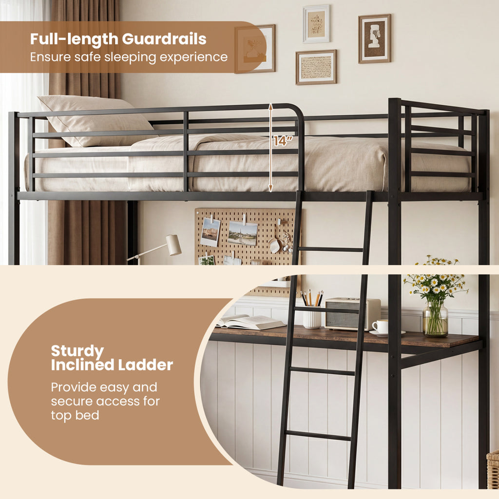 Twin Loft Bed with Desk and Shelves - Rustic Brown
