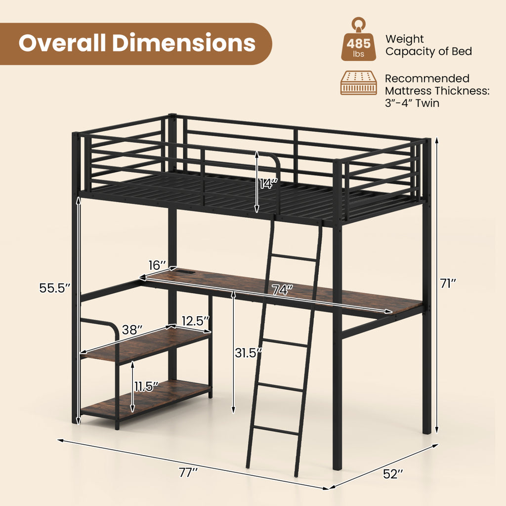 Twin Loft Bed with Desk and Shelves - Rustic Brown