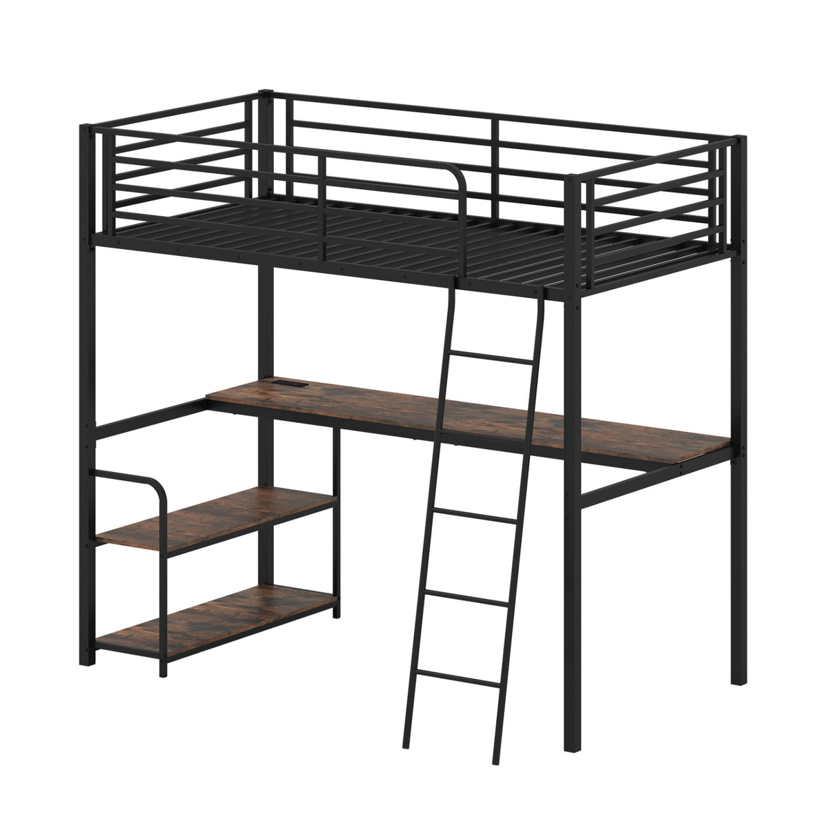 Twin Loft Bed with Desk and Shelves - Rustic Brown