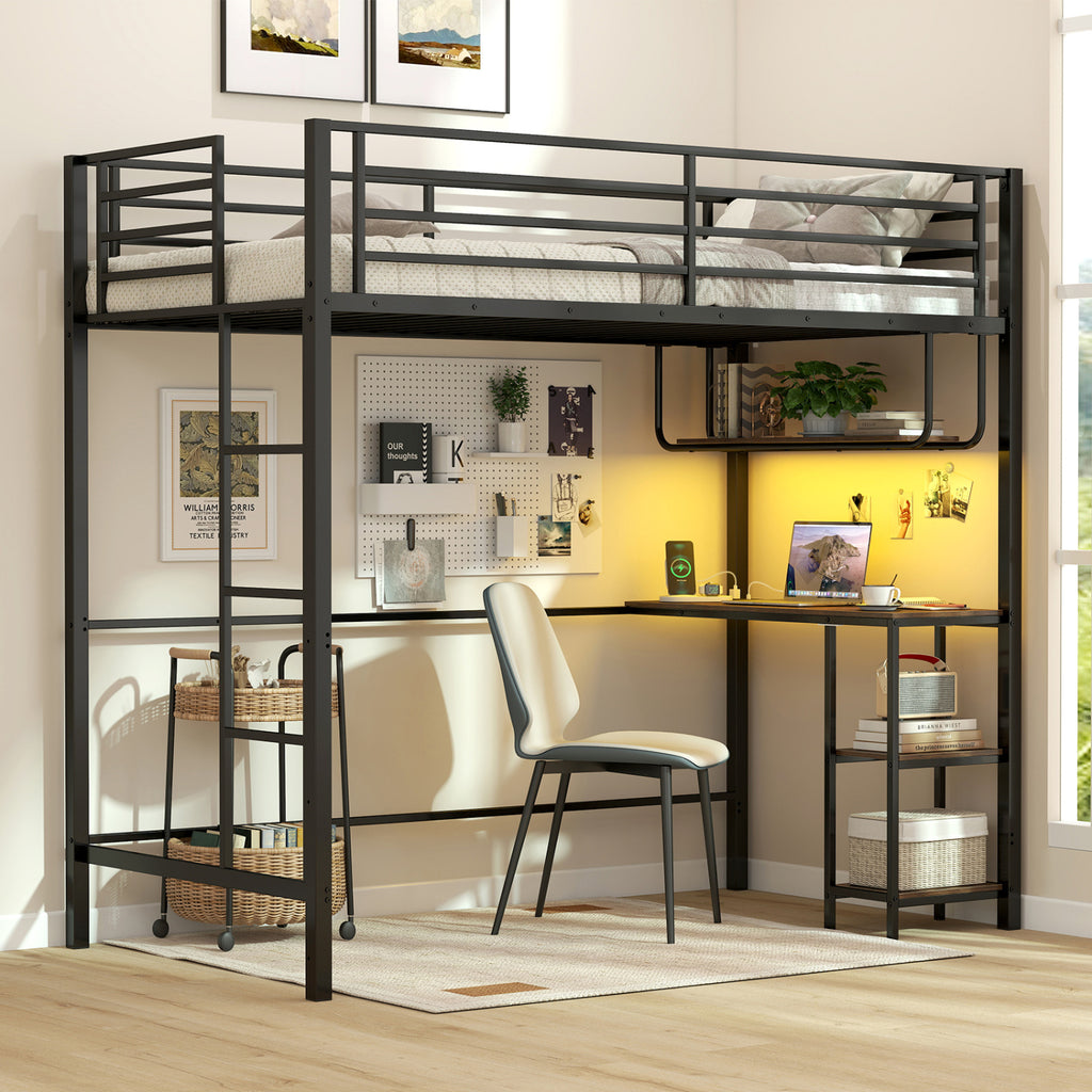 Twin Loft Bed with Desk, LED Lights & Charging Station, Black