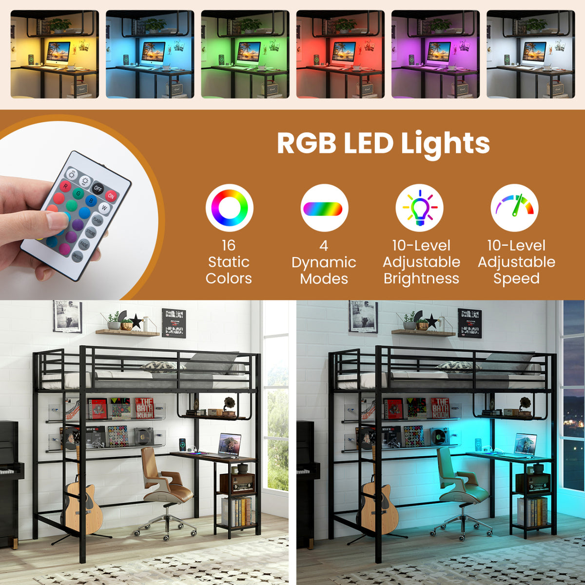 Twin Loft Bed with Desk, LED Lights & Charging Station, Black