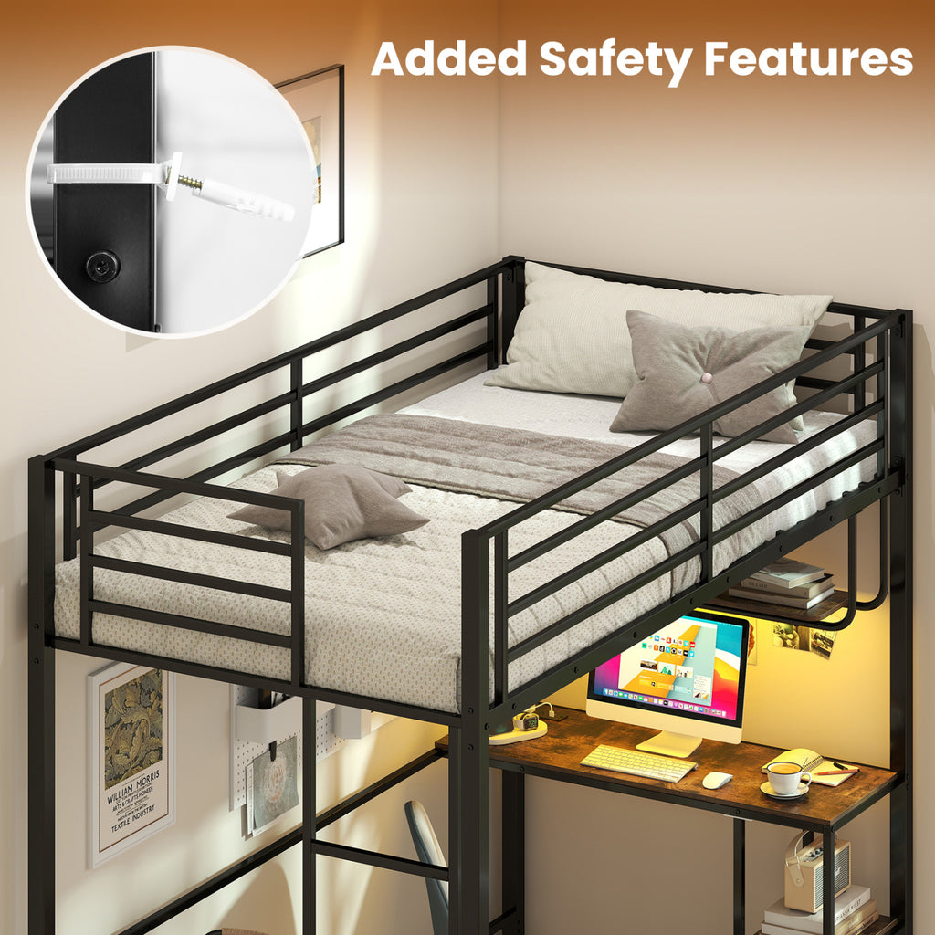 Twin Loft Bed with Desk, LED Lights & Charging Station, Black