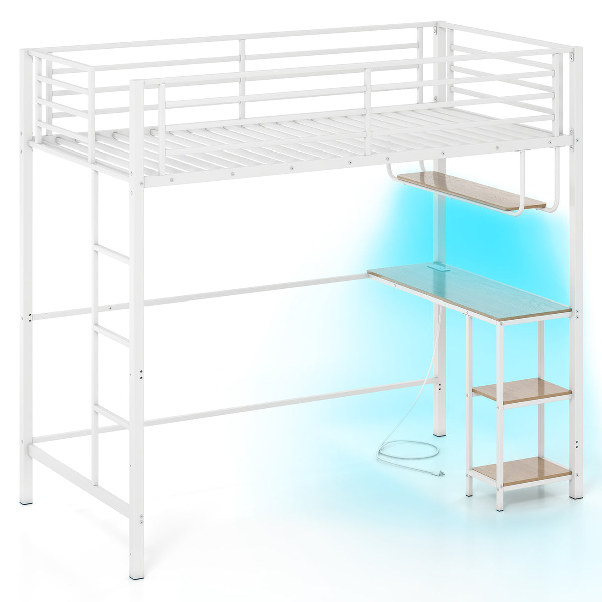 Twin Size Loft Bed with Desk and 2 Storage Shelves, Black