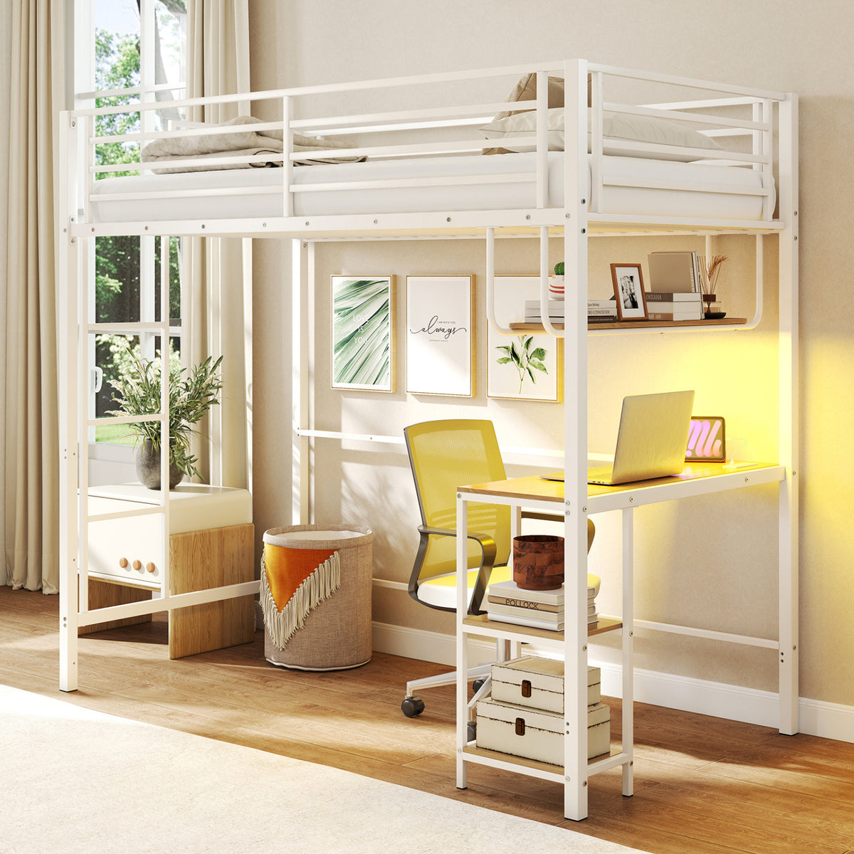 Twin Loft Bed with Desk, LED Lights & Charging Station, Black