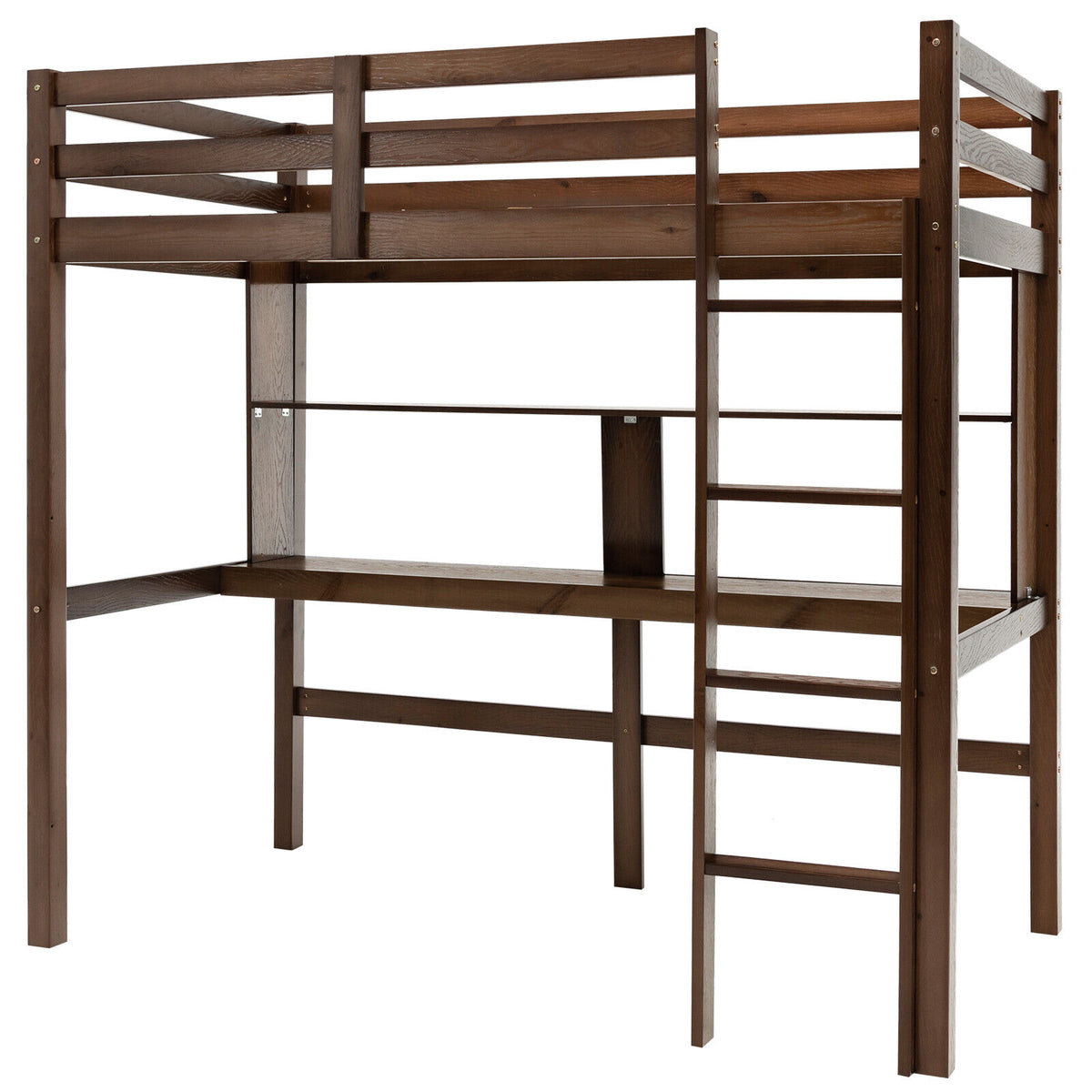 Twin Size Loft Bed Frame with Desk & Storage - Brown