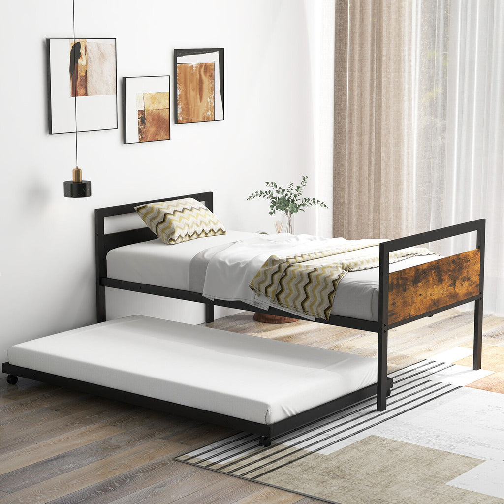 Twin Metal Daybed with Trundle and Lockable Wheels