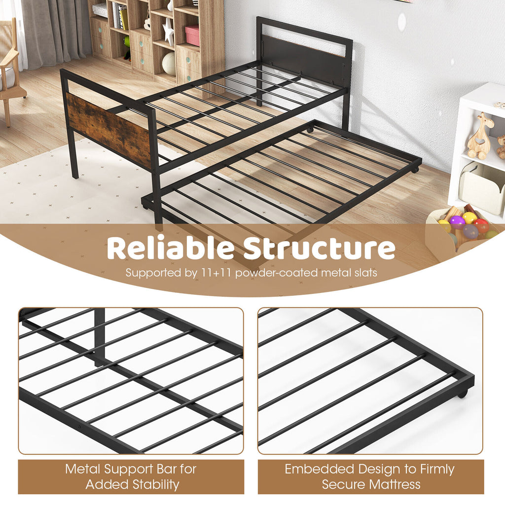 Twin Metal Daybed with Trundle Bed & Lockable Wheels