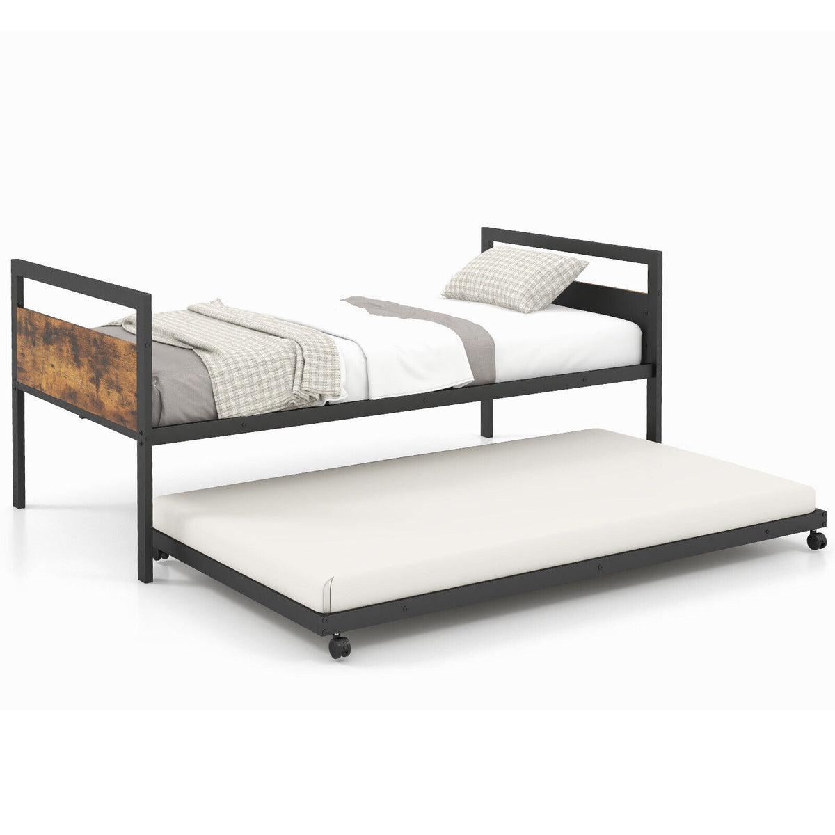 Twin Metal Daybed with Trundle Bed & Lockable Wheels