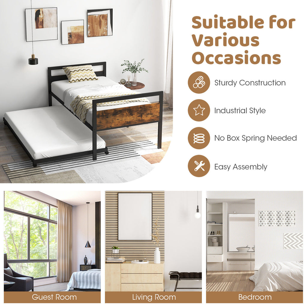 Twin Metal Daybed with Trundle and Lockable Wheels