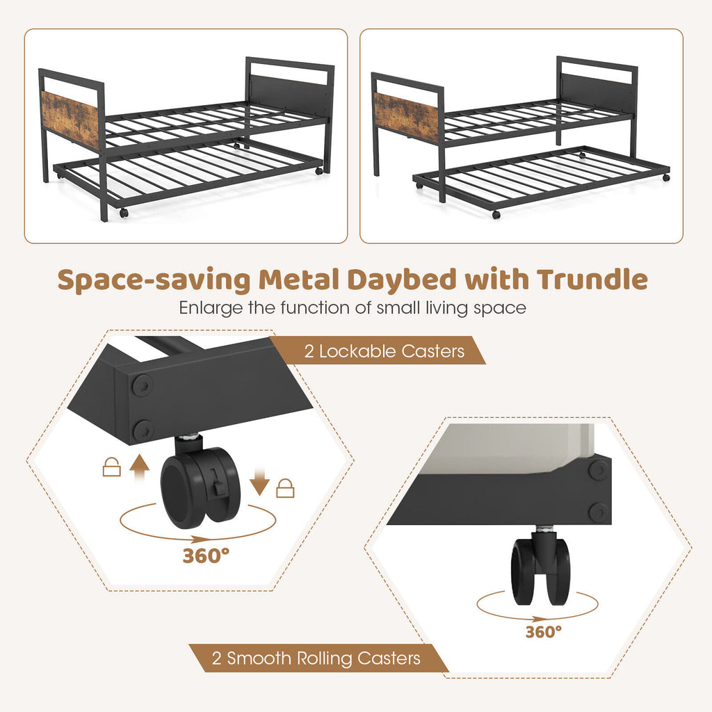 Twin Metal Daybed with Trundle and Lockable Wheels