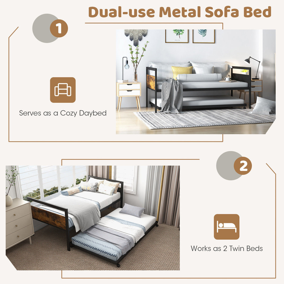 Twin Metal Daybed with Trundle and Lockable Wheels