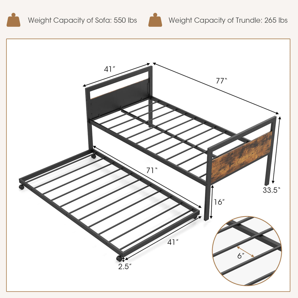 Twin Metal Daybed with Trundle and Lockable Wheels