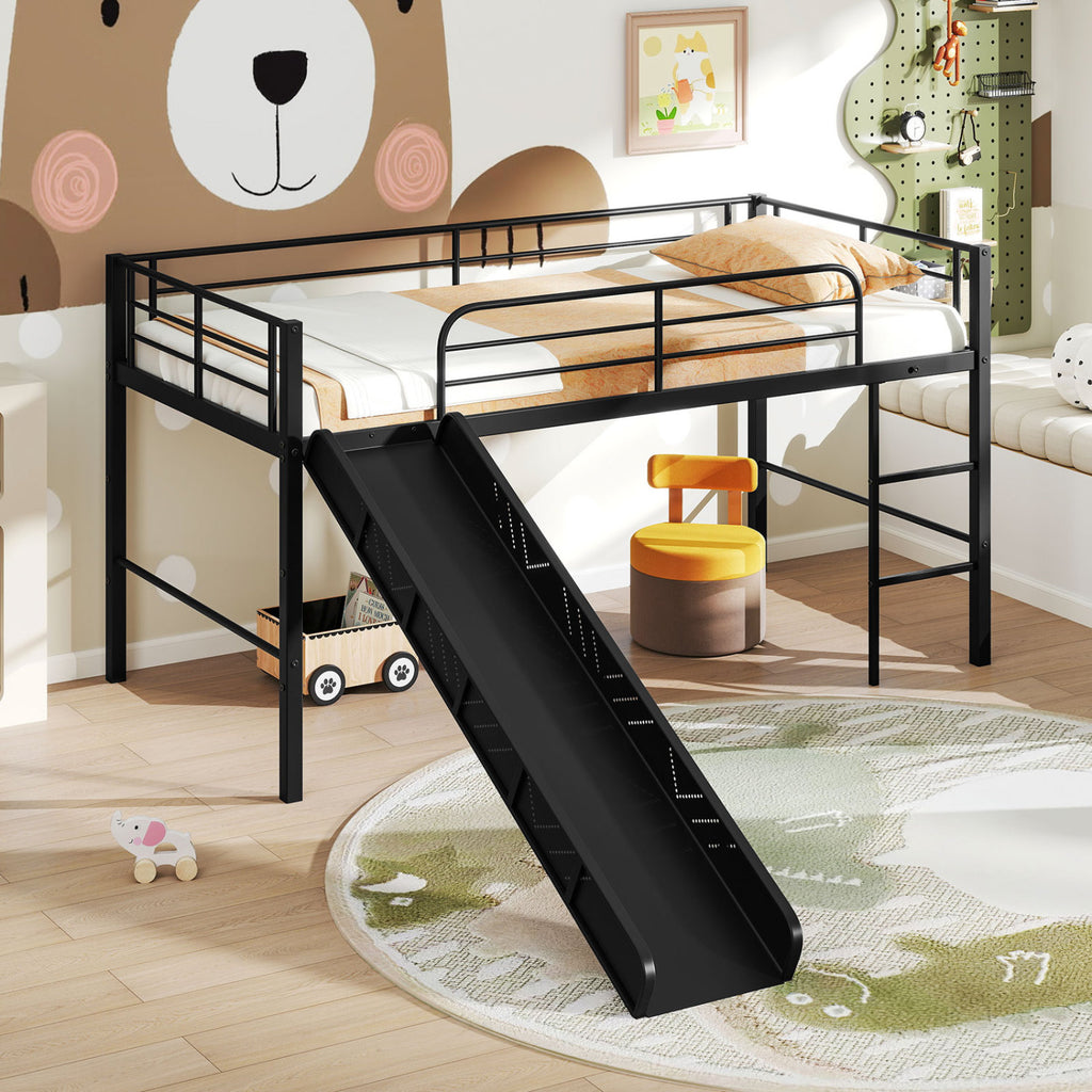 Twin Metal Loft Bed with Slide & Ladder - Silver