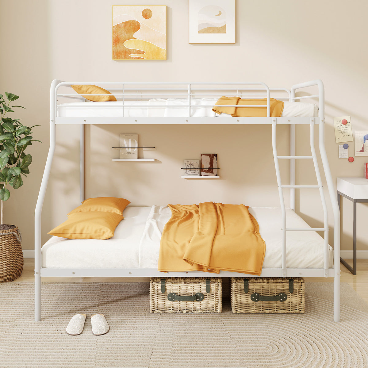 Twin Over Full Bunk Bed with Ladder & Guardrails - Metal, White