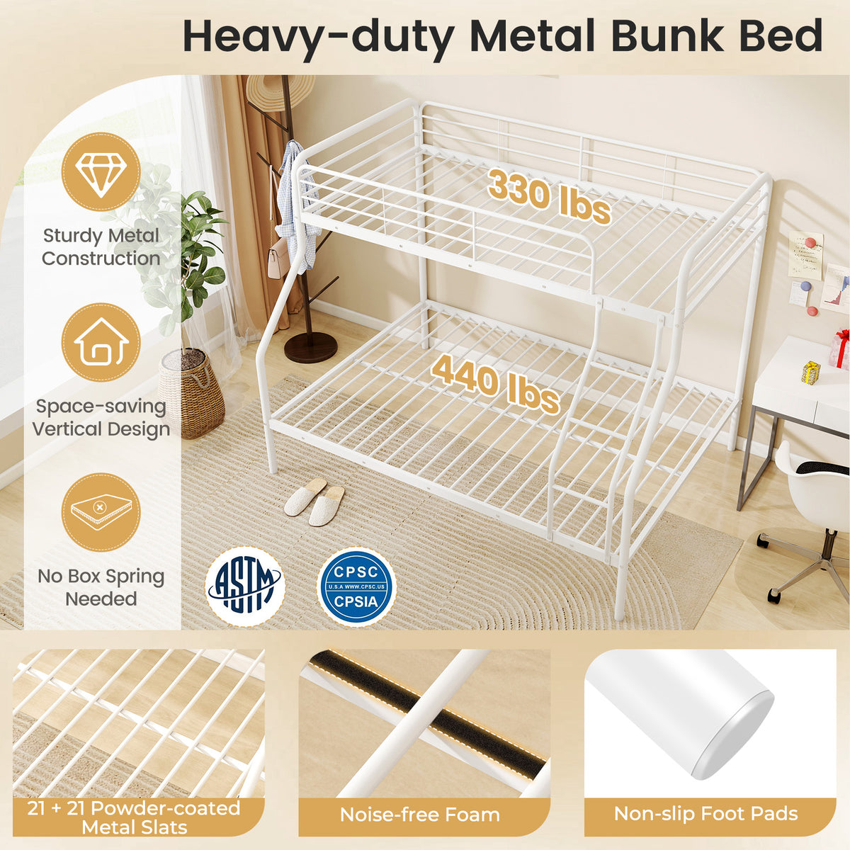 Twin Over Full Bunk Bed with Ladder & Guardrails - Metal, White