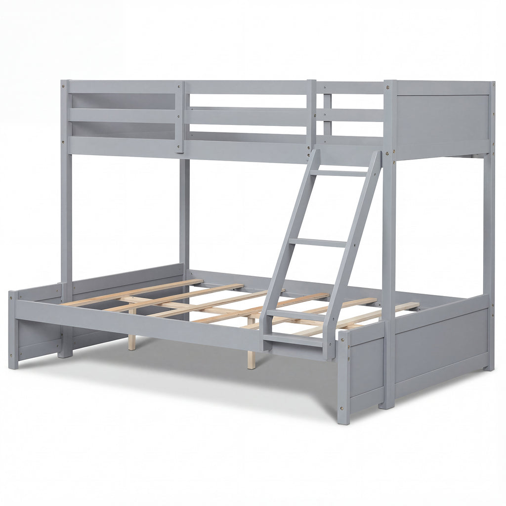 Twin Over Full Bunk Bed with Guardrails and Ladder - Gray