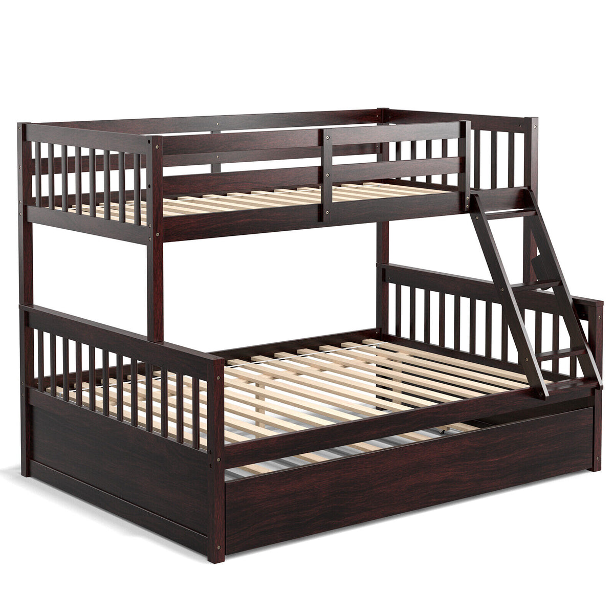 Twin Over Twin Bunk Bed with Trundle & Ladder - Espresso