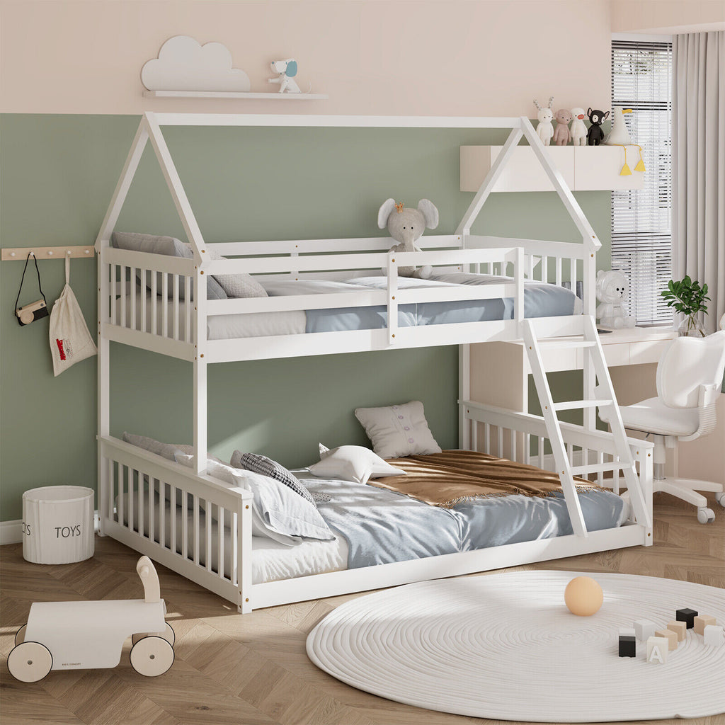 Twin Over Full House Bunk Bed with Ladder & Guardrails - White