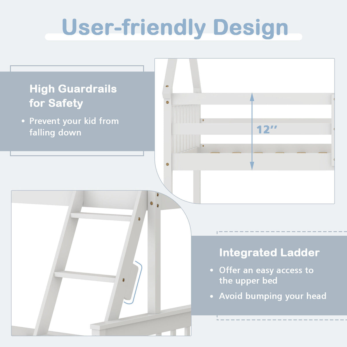 Twin Over Full House Bunk Bed with Ladder & Guardrails - White