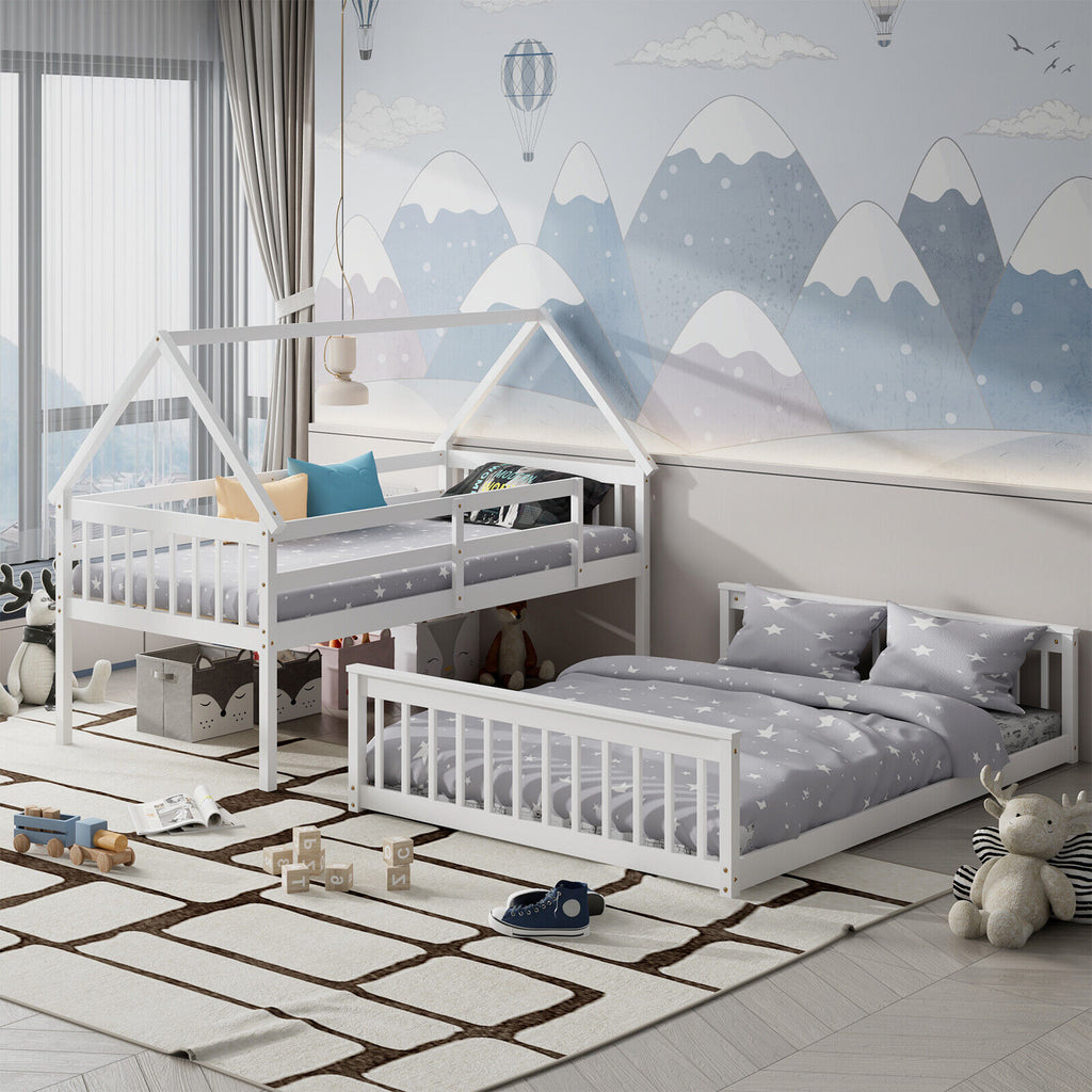 Twin Over Full House Bunk Bed with Ladder & Guardrails - White