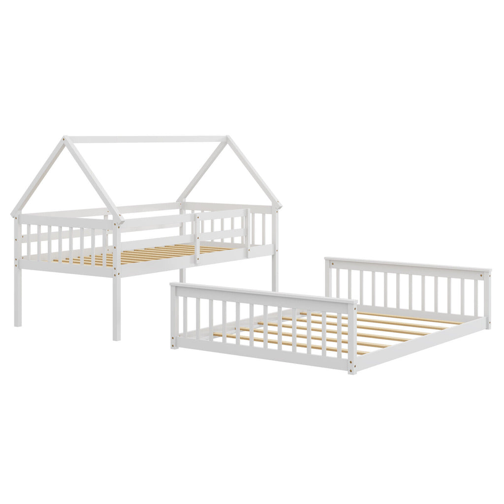 Twin Over Full House Bunk Bed with Ladder & Guardrails - White
