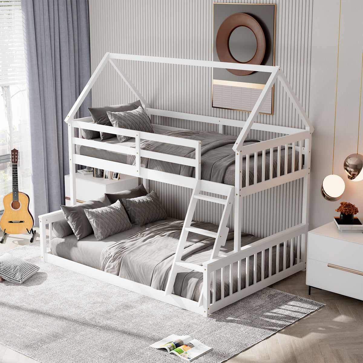 Twin Over Full House Bunk Bed with Ladder & Guardrails - White