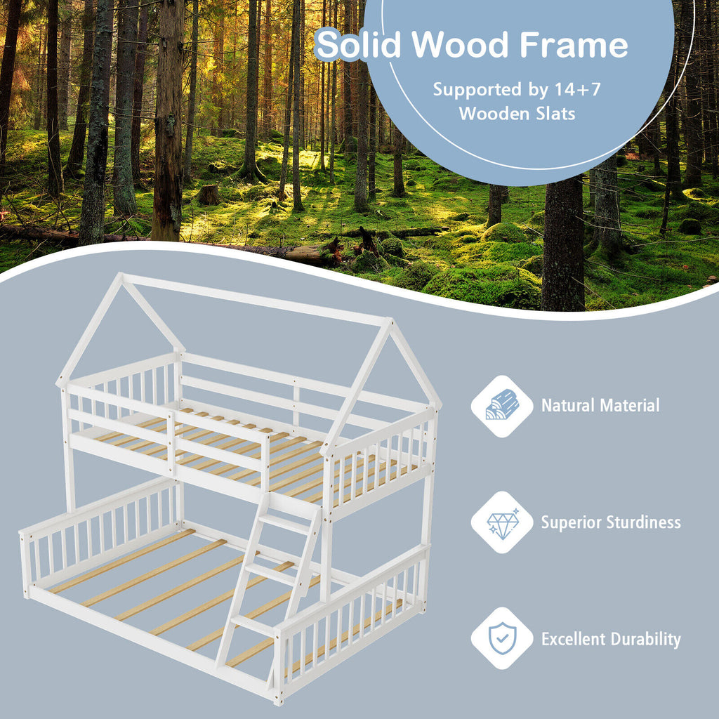 Twin Over Full House Bunk Bed with Ladder & Guardrails - White