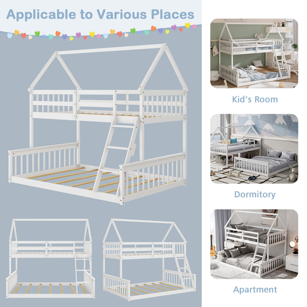 Twin Over Full House Bunk Bed with Ladder & Guardrails - White