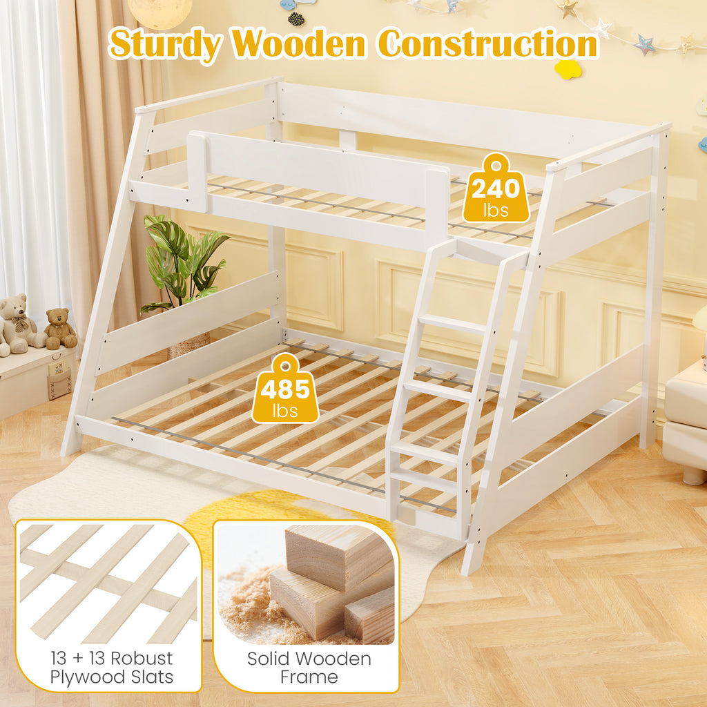 Twin Over Full Low Bunk Bed with Reversible Ladder - White Wooden