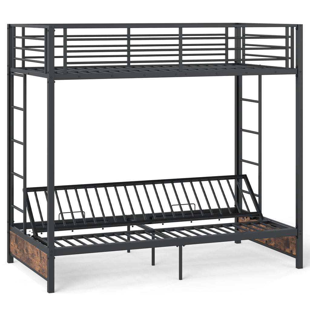 Twin Loft Bed Metal Frame with Ladder & Guardrails - Black