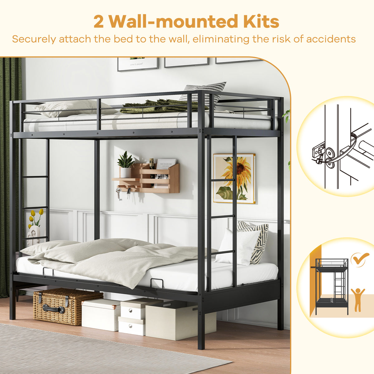 Twin Over Futon Bunk Bed with 2 Ladders & Guardrails - Black
