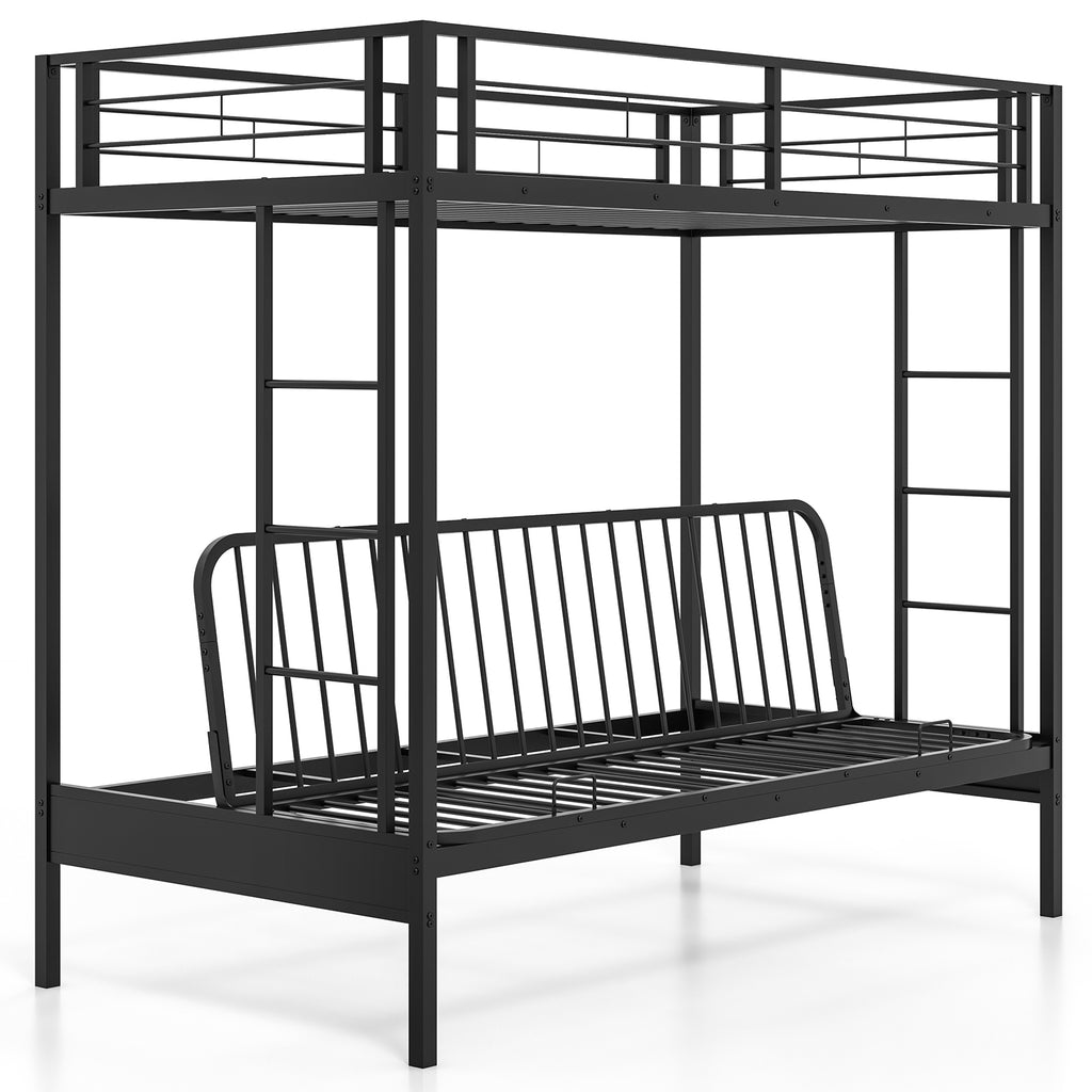 Twin Over Futon Bunk Bed with 2 Ladders & Guardrails - Black