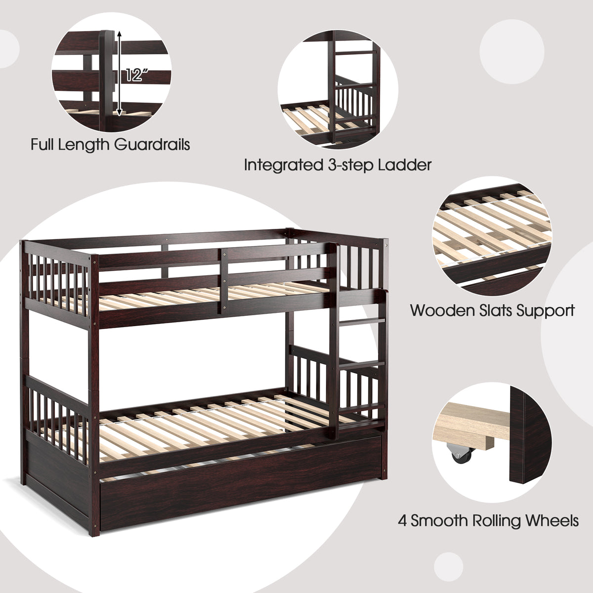 Twin Over Twin Bunk Bed with Trundle & Ladder - Espresso