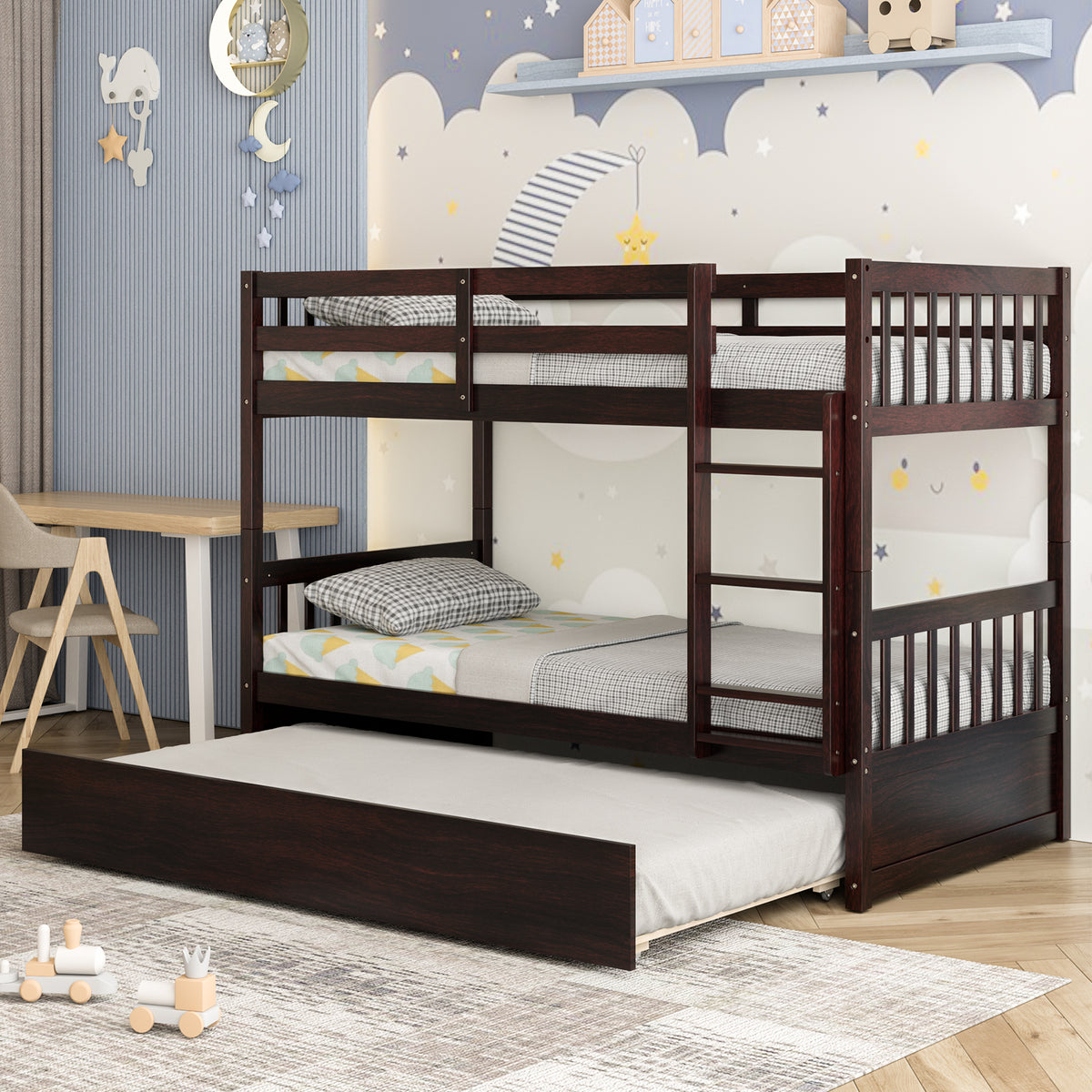 Twin Over Twin Bunk Bed with Trundle & Ladder - Espresso