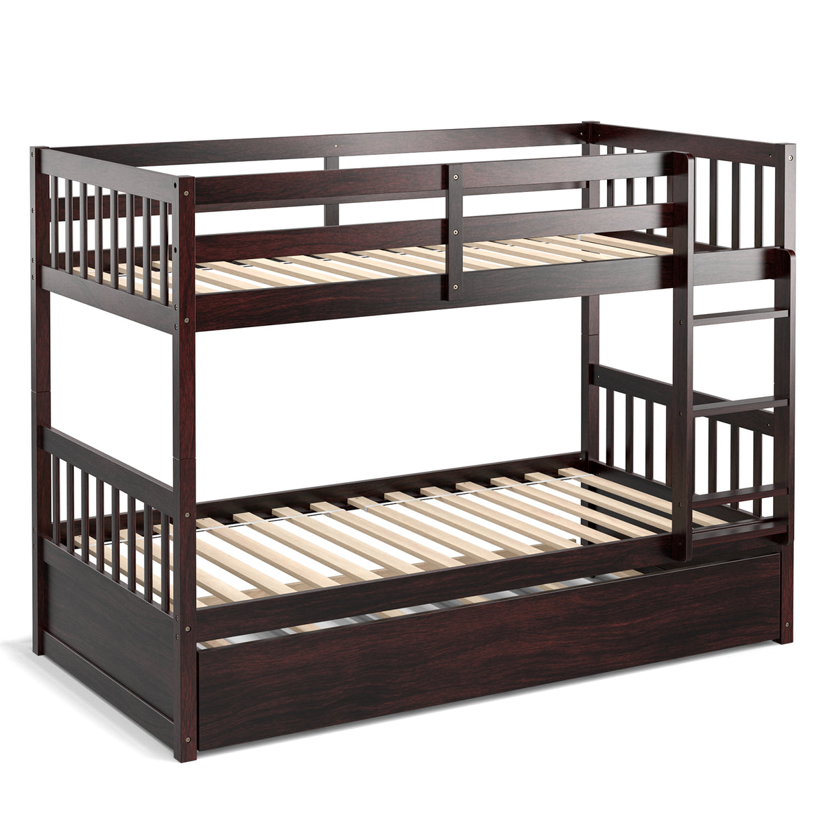 Twin Over Twin Bunk Bed with Trundle & Ladder - Espresso