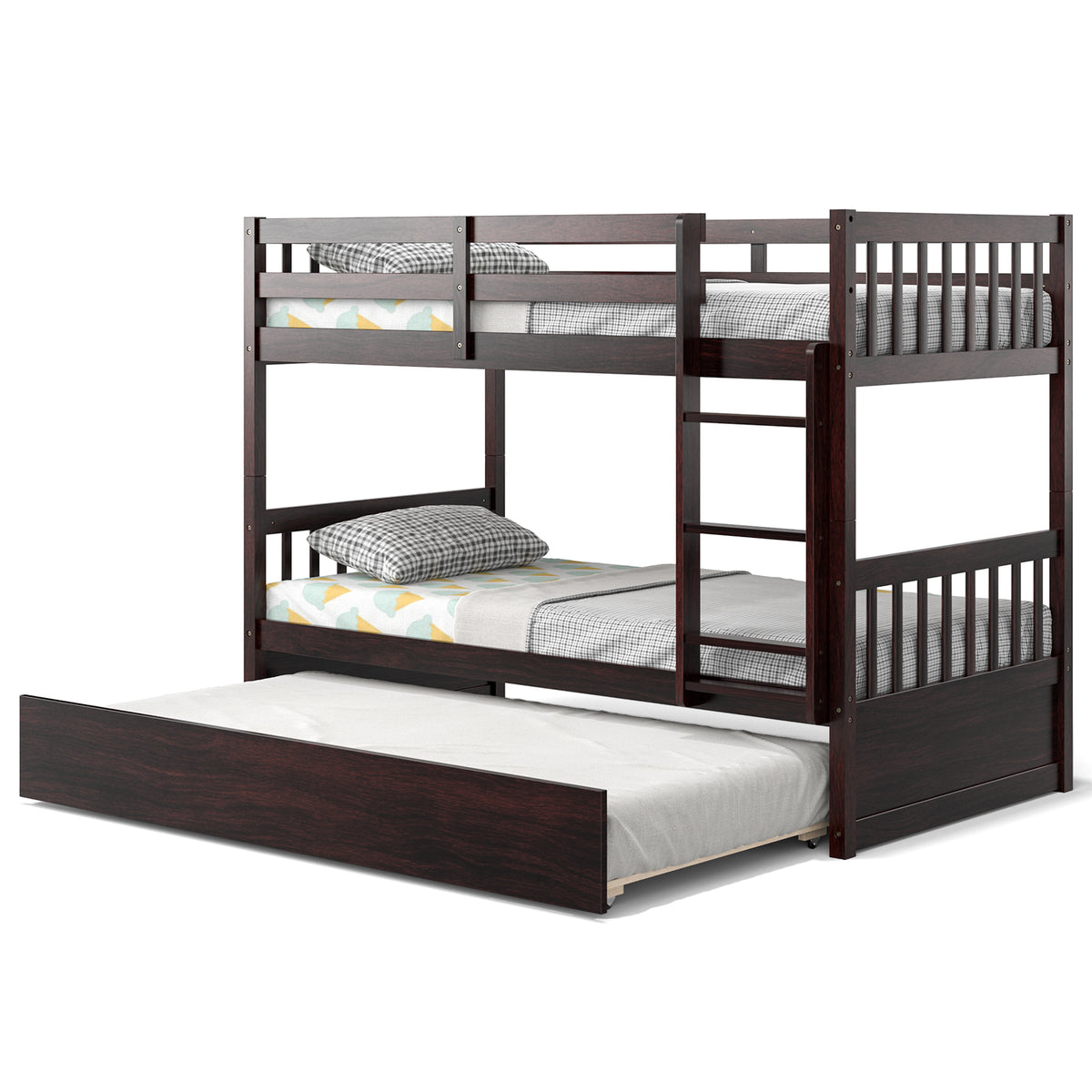 Twin Over Twin Bunk Bed with Trundle & Ladder - Espresso