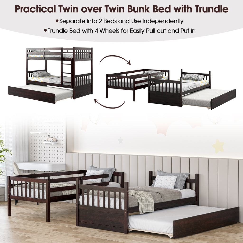 Twin Over Twin Bunk Bed with Trundle & Ladder - Espresso