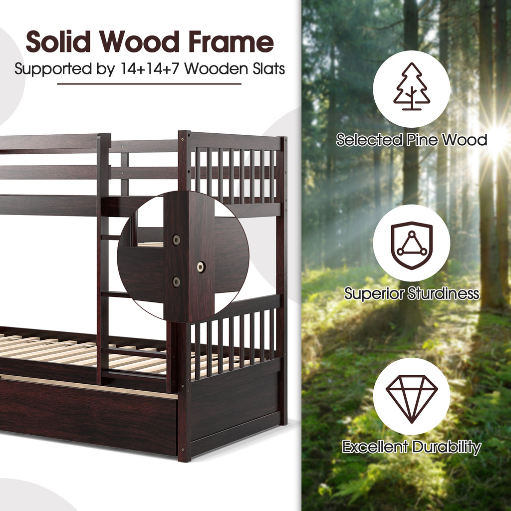 Twin Over Twin Bunk Bed with Trundle & Ladder - Espresso