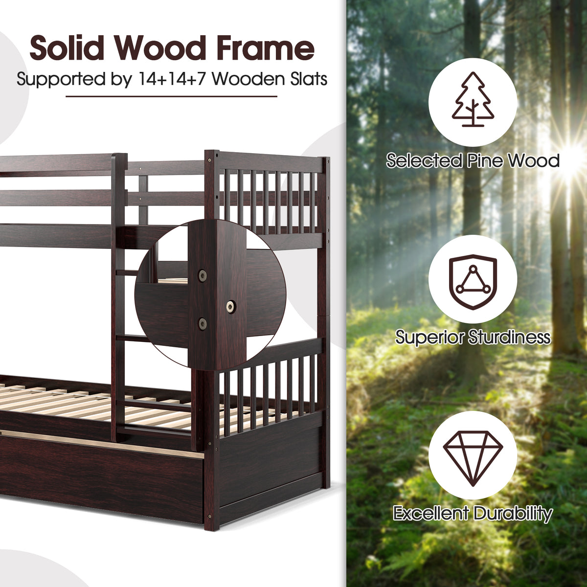 Twin Over Twin Bunk Bed with Trundle & Ladder - Espresso
