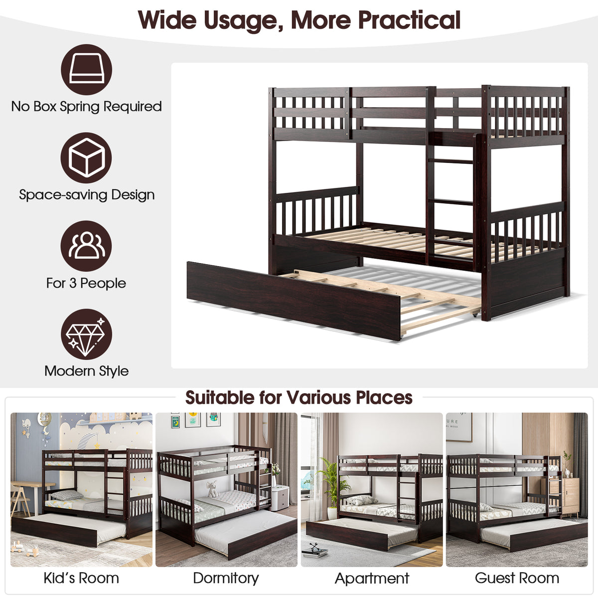 Twin Over Twin Bunk Bed with Trundle & Ladder - Espresso