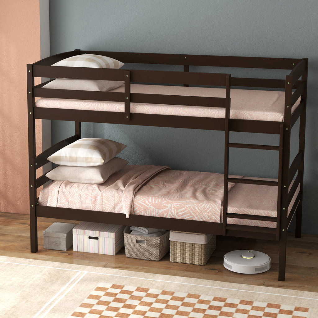 Solid Wood Twin Over Twin Bunk Bed with Guardrails – Espresso