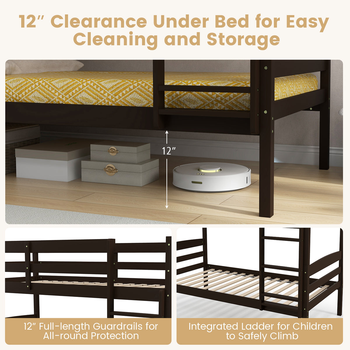 Solid Wood Twin Over Twin Bunk Bed with Guardrails – Espresso