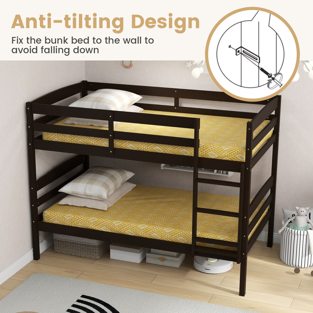 Solid Wood Twin Over Twin Bunk Bed Frame with Guardrails – Espresso