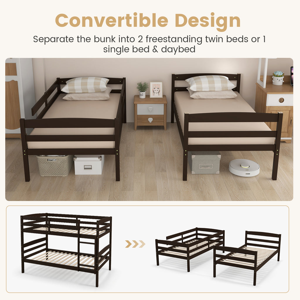 Solid Wood Twin Over Twin Bunk Bed with Guardrails – Espresso
