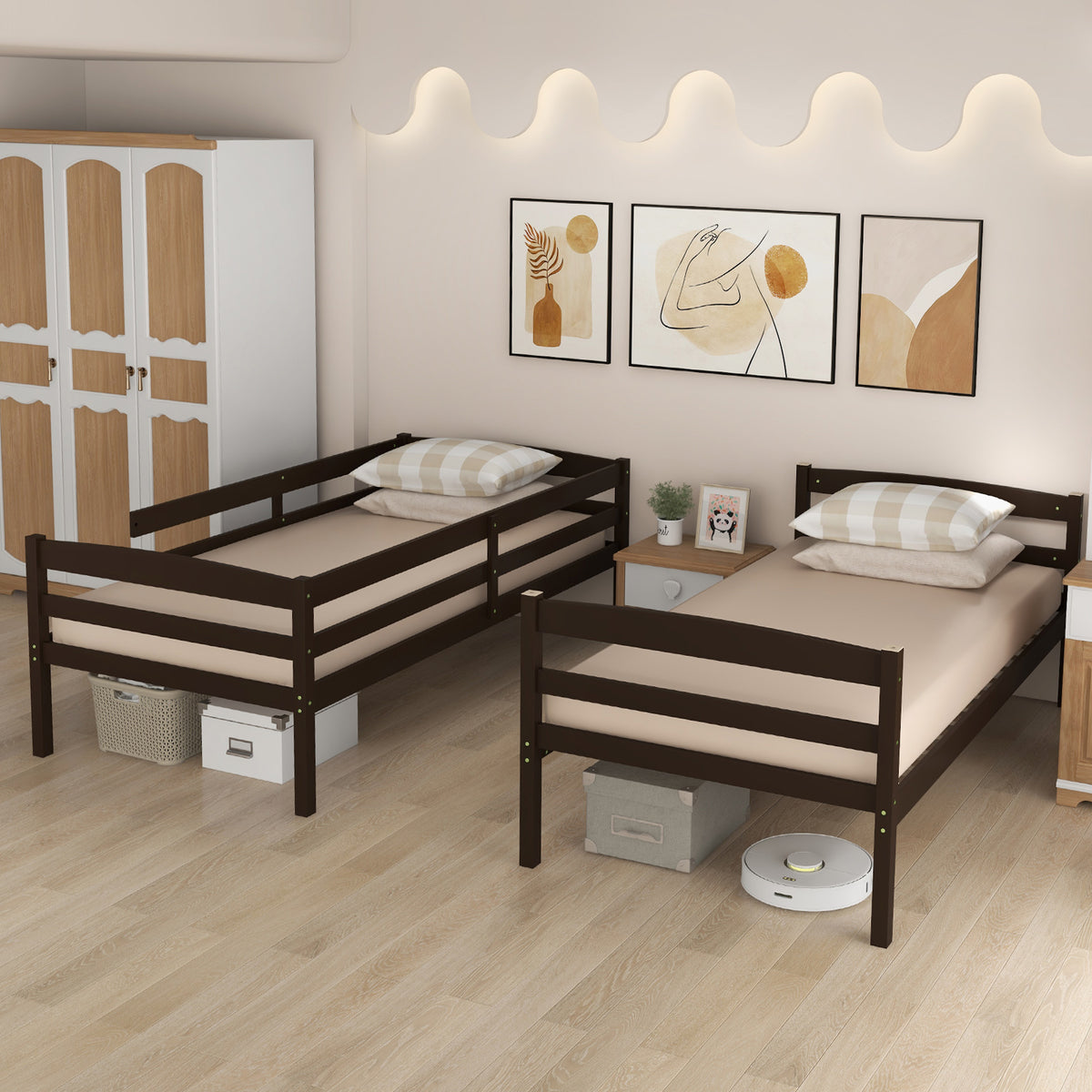 Solid Wood Twin Over Twin Bunk Bed with Guardrails – Espresso